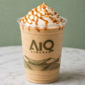 Caramel frappé with whipped cream swirl