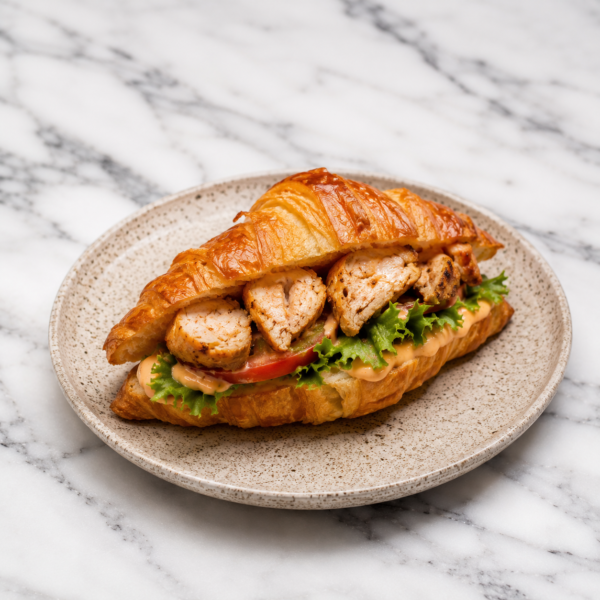Golden croissant sandwich with grilled chicken