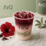 Iced hibiscus drink in café setting