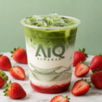 Iced matcha-strawberry drink with fresh berries