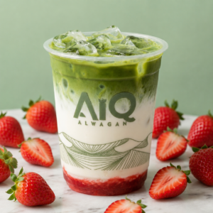 Iced matcha-strawberry drink with fresh berries