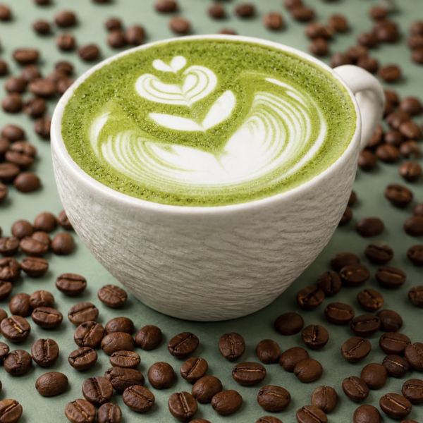 Matcha latte with coffee beans