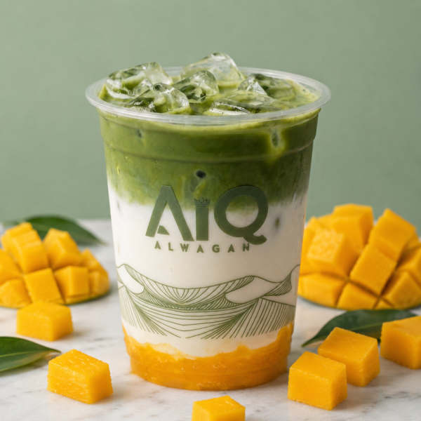 Vibrant mango and matcha iced drink